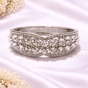 Hinged Silver Tone Clear Rhinestone Ornate Bangle Bracelet